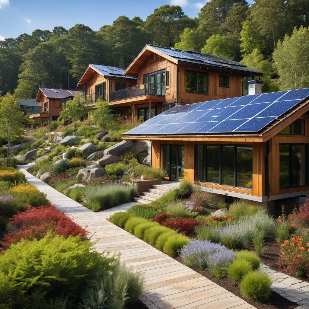 A picturesque scene showcasing a blend of modern and traditional homes, intricately designed with green roofs, solar panels, and lush vertical gardens. The foreground features eco-friendly materials like reclaimed wood and stone, while a community of diverse people enjoys the vibrant outdoor spaces. Surrounding the homes, mature trees and native plants create a serene atmosphere, all under a bright blue sky. vibrant colors. super-realistic. eco-conscious style.