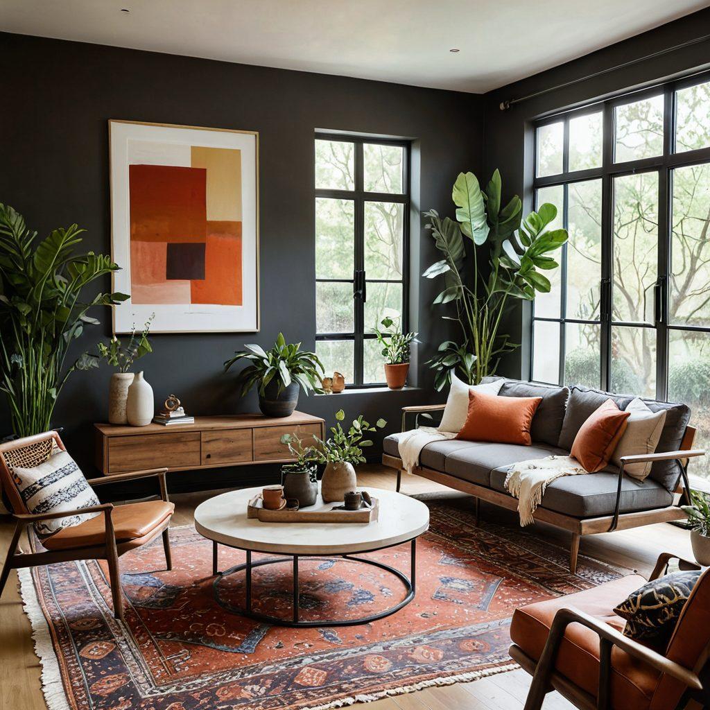 A modern living room showcasing innovative house design ideas, featuring a blend of minimalist and bohemian styles. Include large windows with natural light pouring in, vibrant indoor plants, unique furniture pieces, and artistic wall decor. The color palette should be warm and inviting, highlighting comfort and creativity. super-realistic. vibrant colors.