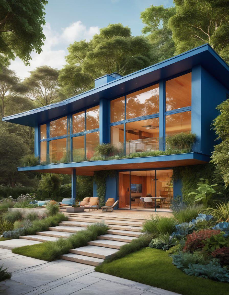 A stunning architectural scene showcasing a blueprint transitioning into a vibrant 3D model of a modern house, surrounded by lush greenery and imaginative design elements. Include tools like pencils, rulers, and a laptop to emphasize the design process. The color palette should be fresh and bright, symbolizing creativity and innovation. Capture the essence of both design planning and finished implementation. super-realistic. vibrant colors.